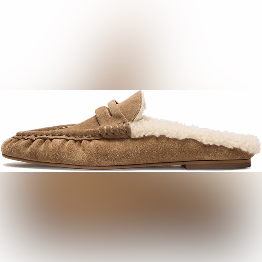 Women loafers Suede Penny Mules Faux Fur Lined Slip-on Taupe size 8 - Picture 2 of 3